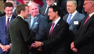 Chief Executive Officer of Qatar Investment Authority (QIA), H E Sheikh Abdulla bin Mohammed bin Saud Al Thani, greets others at the Global Forum on Investment organised by BlackRock Asset Management in Paris in collaboration with the French government. 