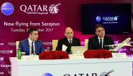 Qatar Airways Group Chief Executive Akbar Al Baker (centre), the Ambassador of Bosnia and Herzegovina to Qatar, Tarik Sadovi?, and Armin Kajmakovi? of Director Sarajevo International Airport, at a press conference yesterday in Sarajevo. 