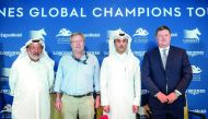 Omar Al Mannai, Event Director, Jan Tops (right) Founder and President of the Longines Global Champions Tour, and Marco Danese the Global Champions Tour Sports Director,  pose for a group photo after the pre-event press conference at Al Shaqab yesterday.