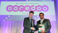 Sheikh Nasser bin Hamad bin Nasser Al Thani,  Chief Business Officer of Ooredoo Qatar, receiving the award at Broadband World Forum 2017.