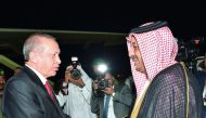Deputy Prime Minister and Minister of State for Defence Affairs H E Dr Khalid bin Mohamed Al Attiyah receiving President of the fraternal Republic of Turkey, Recep Tayyip Erdogan, upon his arrival at Hamad International Airport yesterday. Qatar’s Ambassad