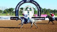 Al Shaqab’s Jeyoosh (Amer), ridden by  Julien Augé, crossing the finish line to win the Prix The President of the UAE Cup (LPA) trophy at Casablanca racecourse, Morocco on Sunday.