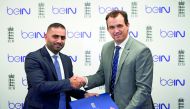 Yousef Al Obaidly (left), Deputy CEO, beIN Media Group and Tom Harrison, CEO of the England and Wales Cricket Board, exchange documents after signing a deal yesterday.