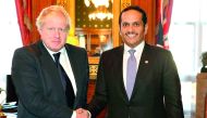 Deputy Prime Minister and Foreign Minister H E Sheikh Mohamed bin Abdulrahman Al Thani with UK Foreign Secretary Boris Johnson in London yesterday. Bilateral ties and ways to enhance them, in addition to development in the GCC and the region were discusse