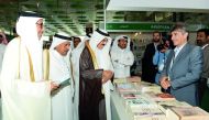 Minister of Culture and Sports H E Dr Salah bin Ghanem Al Ali with Minister of State H E Dr Hamad bin Abdulaziz Al Kawari, Qatari businessman Sheikh Faisal bn Qassim Al Thani and other officials at the 28th Doha International Book Fair in Doha, yesterday.