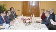 Deputy Prime Minister and Foreign Minister H E Sheikh Mohammed bin Abdulrahman Al Thani with Russian Foreign Minister Sergei Lavrov, in Rome, yesterday.