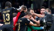 Benevento’s Alberto Brignoli celebrates with teammates after scoring their second goal REUTERS/Ciro De Luca
