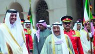 Emir H H Sheikh Tamim bin Hamad Al Thani is received by the Emir of Kuwait H H Sheikh Sabah Al Ahmad Al Jaber Al Sabah, at Bayan Palace in Kuwait, yesterday.
