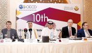 Khalaf bin Ahmed Al Mannai, Undersecretary of the Ministry of Finance Qatar (second left) with other officials at the opening session of the 10th Annual Meeting of the Middle East and North Africa Senior Budget Officials in Doha yesterday. (Pic: Abdul Bas