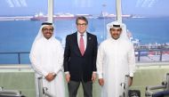 H E Dr Mohammed bin Saleh Al Sada (left), the Minister of Energy and Industry; the US Secretary of Energy, Rick Perry (centre); and Saad Sherida Al Kaabi, the President and CEO of Qatar Petroleum, at Ras Laffan Industrial City, yesterday.  