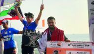 Waleed Mahmoud Al Sharshani (right) of Qatar, who finished third in the Jet Ski Aquabike World Cup 2017, celebrates on the podium in Pattaya, Thailand yesterday.