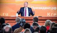 Russian President Vladimir Putin gives his annual press conference in Moscow on December 14, 2017. / AFP / Alexander NEMENOV