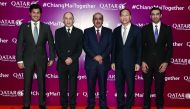 Minister of Transport and Communications, H E Jassim bin Saif Al Sulaiti (third right), and Qatar Airways Group Chief Executive, Akbar Al Baker (second left), with other officials during the gala dinner.
