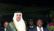 Emir H H Sheikh Tamim bin Hamad Al Thani being welcomed on arrival at Kotoka International Airport by Vice-President of the Republic of Ghana, Dr Mahamudu Bawumia.