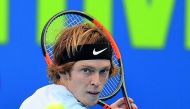 Russia’s Andrey Rublev returns the ball to Spain’s Fernando Verdasco during their second round match of the ATP Qatar ExxonMobil Open in Doha yesterday. Picture: Salim Matramkot/ The Peninsula
