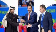 President of Qatar Tennis Federation (QTF) Nasser Al Khelaifi is seen with Tournament Director of the Qatar ExxonMobil Open Karim Alami and ATP Tour Supervisor Lars Graff in Doha on Saturday.