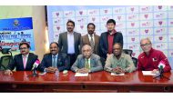 Indian Sports Centre Volleyball Head, Ashik Ahmed, General Secretary Mohd Habibun Nabi, President, Nilangshu Day, Qatar Volleyball Association representatives Hussein Imam Ali, and Roberto Reggiani, with other officials at a press conference on Inter Comm