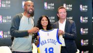 Three-time NBA All-Star and 2004 NBA Champion Richard ‘Rip’ Hamilton (left), Al Mana Sports Division General Manager Tom Foley (right) and NBA EMEA Vice President, Global Merchandising Vandana Balachandar at the opening of the first NBA Store in the Middl
