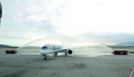 The Airbus A350 greeted with a water canon salute at Athens International Airport, yesterday.