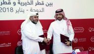 Qatar Charity CEO, Yousef bin Ahmed Al Kuwari, and Qatar Pharma Chairperson, Dr. Ahmed bin Mohammed Al Sulaiti, at the agreement signing event.