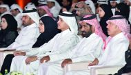 H E Sheikh Thani bin Hamad bin Khalifa Al Thani, H E Dr Saleh Mohamed Salem Al Nabit, Minister of Development Planning and Statistics and Amal bint Abdullatif Al Mannai, CEO of Qatar Foundation for Social Work, during the Graduation Ceremony of Sama Nama 