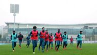 Qatar Under-23 football team players taking part in a training session ahead of  the match against Palestine