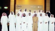 Nasser Ahmed Al Shaibi (second row, third right), Deputy Chairman of Qatar Finance and Business Academy (QFBA), and Yousuf Mohamed Al Jaida (second row, centre), Chief Executive Officer, QFC Authority, with QFBA officials and participants of the ‘Future C