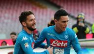 Napoli's forward from Belgium Dries Mertens (L) celebrates with teammate Napoli's midfielder from Spain Jose Maria Callejon after scoring during the Italian Serie A football match SSC Napoli vs Bologna FC on January 28, 2018 at the San Paolo Stadium. / AF