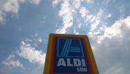 A sign directing shoppers to an ALDI Sued grocery store in Unterhaching, Germany May 18, 2017. Reuters/Michael Dalder