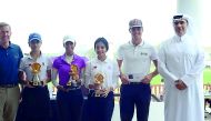 The winning QGA Team of the Commercial Bank Qatar Masters  Pro-Am with professional Matthias Schwab of Austria, (second right), with Hussein Al Abdulla, Commercial Bank of Qatar, Chief Marketing Officer (right) and Keith Waters, Chief Operating Officer of