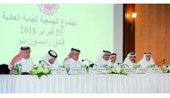 Salem bin Butti Al Naimi (centre), Chairman and Managing Director, QNCC and other board members at the Annual General Assembly meeting of the company, yesterday