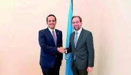 Deputy Prime Minister and Foreign Minister H E Sheikh Mohamed bin Abdulrahman Al Thani with UN High Commissioner for Human Rights, Prince Zeid bin Ra’ad Al Hussein, in Geneva yesterday.