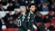 Manchester City's Leroy Sane celebrates scoring their third goal with David Silva REUTERS/David Klein 
