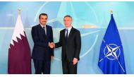 Emir H H Sheikh Tamim bin Hamad Al Thani meeting with Nato Secretary-General Jens Stoltenberg at Nato headquarters in Brussels yesterday.
