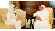Minister of Transport and Communications, H E Jassim bin Saif Ahmed Al Sulaiti, with Kuwaiti State Minister for Housing Affairs and State Minister for Services Affairs, Dr Jenan Mohsen Ramadan.