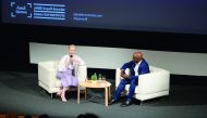 Oscar-winning actress Tilda Swinton addressing people at the Museum of Islamic Art Auditorium.