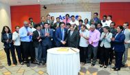 Dr Sameer Moopen, CEO of Aster DMH Qatar, Dr Nasser Moopen, Medical Director and Chief of Medical Staff and Kapil Chib, COO, with other officials and staff during the celebration to mark Aster DMH Qatar’s 15  years of healthcare in Qatar, at Holiday Inn H