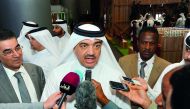 Minister of Municipality and Environment, H E Mohammed bin Abdullah Al Rumaihi, speaking to media at the 6th Qatar International Agricultural Exhibition & Conference ‘AgriteQ’ at Doha Exhibition & Convention Centre (DECC) yesterday. 