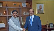 Saad Sherida Al Kaabi, President & CEO of Qatar Petroleum  and the Chairman of Qatargas, with India’s Minister of Petroleum and Natural Gas, Dharmendra Pradhan, in New Delhi, yesterday.