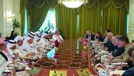 Minister of State for Foreign Affairs, H E Sultan bin Saad Al Muraikhi, and the UK Minister of State for the Middle East, Alistair Burt, at the fourth meeting of Qatar-UK strategic dialogue yesterday.