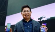 Telecom equipment company Huawei CEO Richard Yu presents the new P20 smartphone in Paris on March 27, 2018. AFP / Eric Piermont