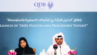 Abdul Aziz bin Nasser Al Khalifa, (right)  CEO of QDB; and Farah Al Kuwari, Statistics and Research Manager at QDB during the launch of SMEs Policies and Procedures ToolKit, yesterday.
Pic: Abdul Basit/The Peninsula