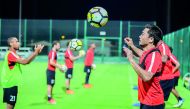 Al Rayyan skipper Rodrigo tabata (right) takes part in a training session with team-mates ahead of their AFC Champions League match against Al Ain.