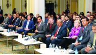 Sheikh Faisal bin Qassim Al Thani (third right), Chairman, QBA; and Sheikh Khalifa bin Jassem Al Thani (fifth right), Chairman, Qatar Chamber; with other officials during one of the sessions of Qatar-US Economic Forum.