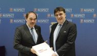 Turkish Football Federation’s President Yildirim Demiroren (L) and UEFA General Secretary Theodore Theodoridis are seen during the submission of the UEFA EURO 2024 bid dossier by the TFF at the UEFA headquarters, the House of European Football on April 26