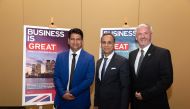 Ajay Sharma (centre), British Ambassador to Qatar with  Muhamed Farooque (left), CEO of Excelledia; and Noel Johnston, Director of the Doha office of Invest Northern Ireland. 