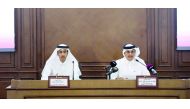 QC’s Chairman Sheikh Khalifa bin Jassem Al Thani (right) and Chairman of General Authority of Customs Ahmed bin Abdullah Al Jamal addressing a press conference at QC headquarters, yesterday.