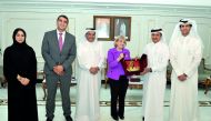 Sheikh Khalifa bin Jassim Al Thani (second right), Chairman, Qatar Chamber, presenting a memento to  Ambassador Anne Patterson (third right), President, US-Qatar Business Council, after the meeting held at the Qatar Chamber headquarters in Doha, yesterday
