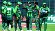 Pakistan players celebrate a wicket in action during the first T20 cricket match between Pakistan and hosts Zimbabwe as part of a tri-series including Australia at Harare Sports Club, on July 1, 2018. AFP / Jekesai Njikizana