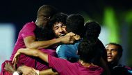 Qatar U-19 players celebrate after Mohammed Waad  scored their winning goal against Valenciana in their opening match of the COTIF International Tournament in L’ Alcudia, Valencia, Spain on Saturday. 